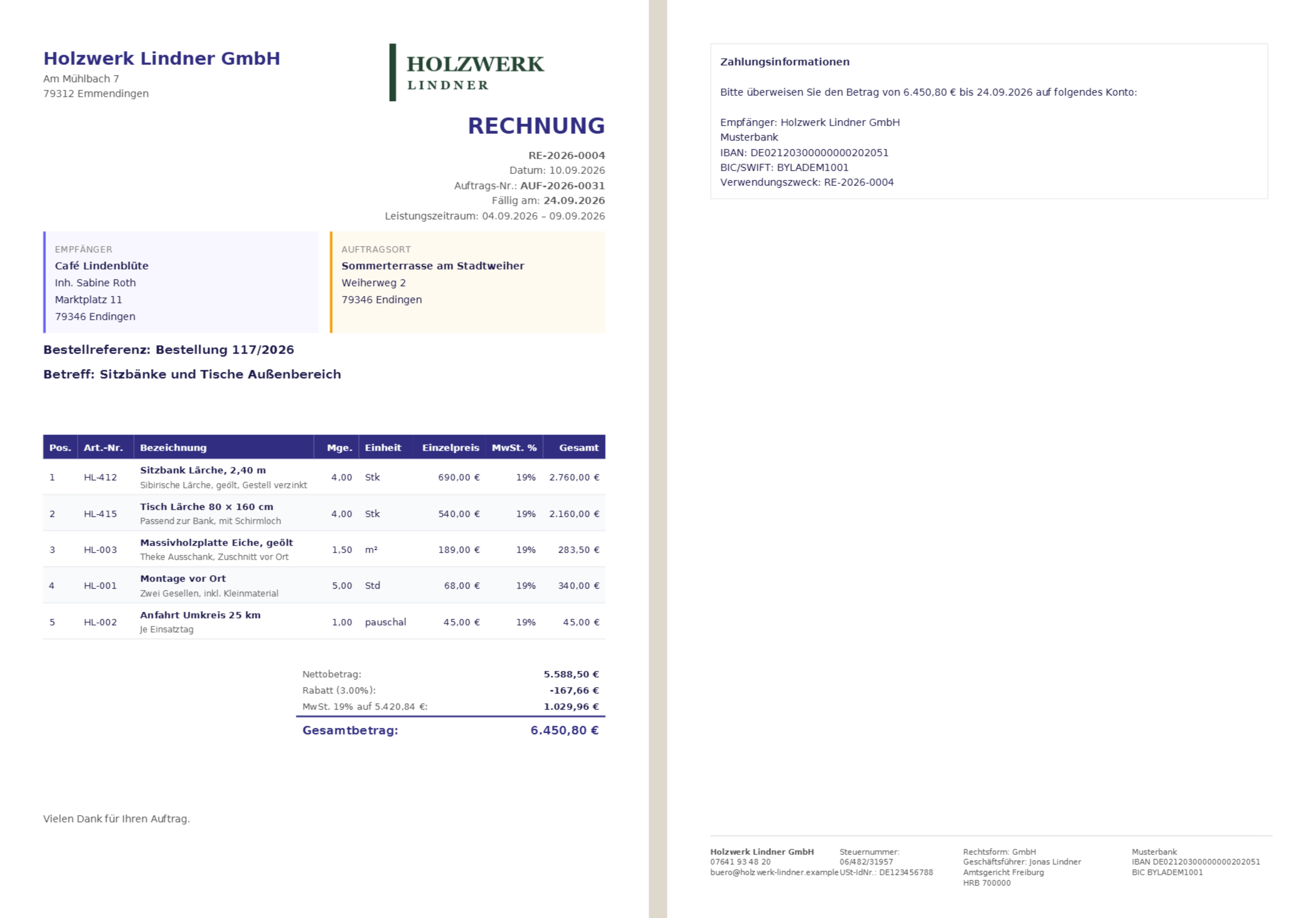 Rechnung RE-2026-0004 als PDF, beide Seiten: Briefkopf, Auftragsnummer, Empfänger und Auftragsort, Bestellreferenz, fünf Positionen mit Artikelnummer und Beschreibung, drei Prozent Rabatt, Gesamtbetrag 6.450,80 Euro — auf Seite zwei die Zahlungsangaben und die Fußzeile mit Steuernummer, USt-IdNr., Registergericht und Bankverbindung