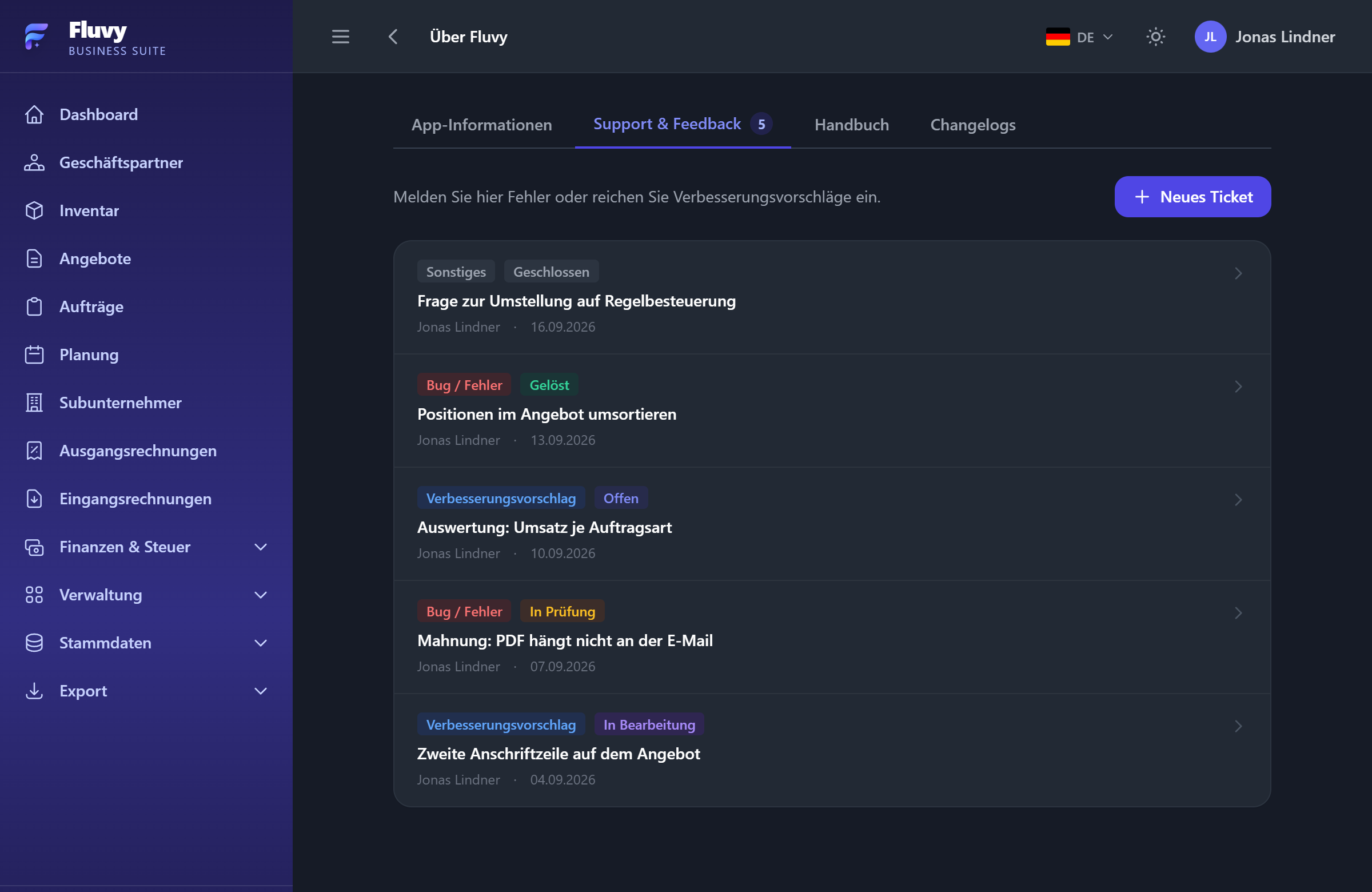 Ticketsystem in Fluvy: fünf Tickets mit Art und Stand — geschlossen, gelöst, offen, in Prüfung und in Bearbeitung